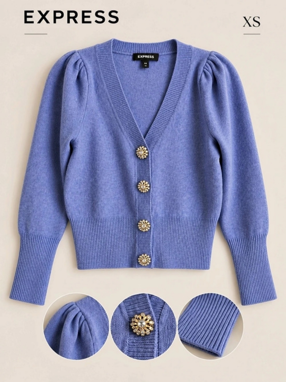 EUC Express Crystal Button Puff Sleeve Cardigan Blue XS